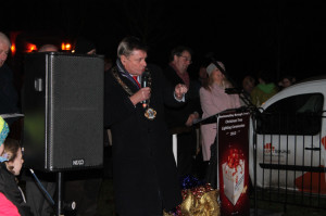 Lord Mayor of Newtownabbey addresses Ballyrobert Village at their Christmas light switching on ceremony 2013