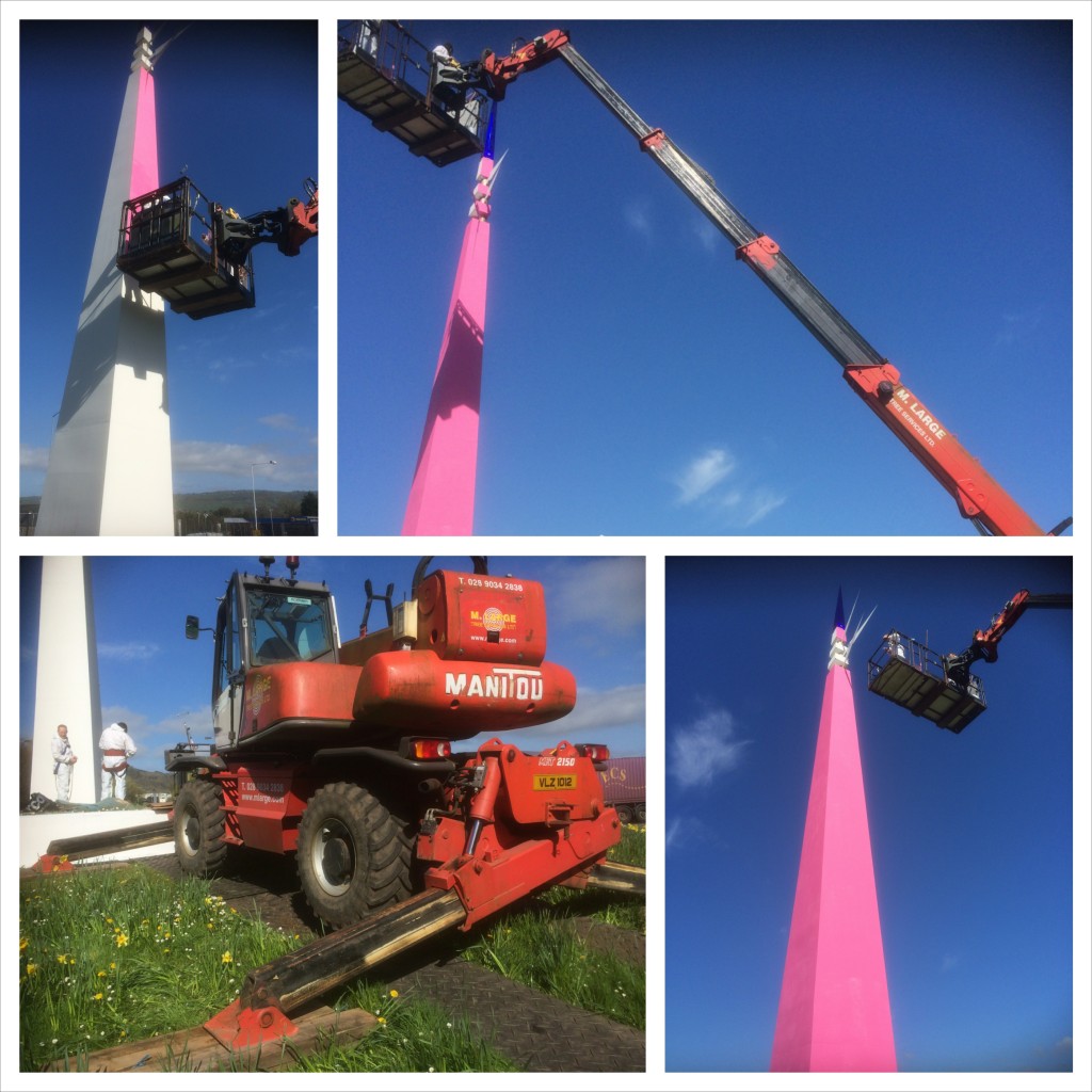 Whiteabbey Spike Sculpture gets painted pink for Giro D'Italia 2014 by M.Large