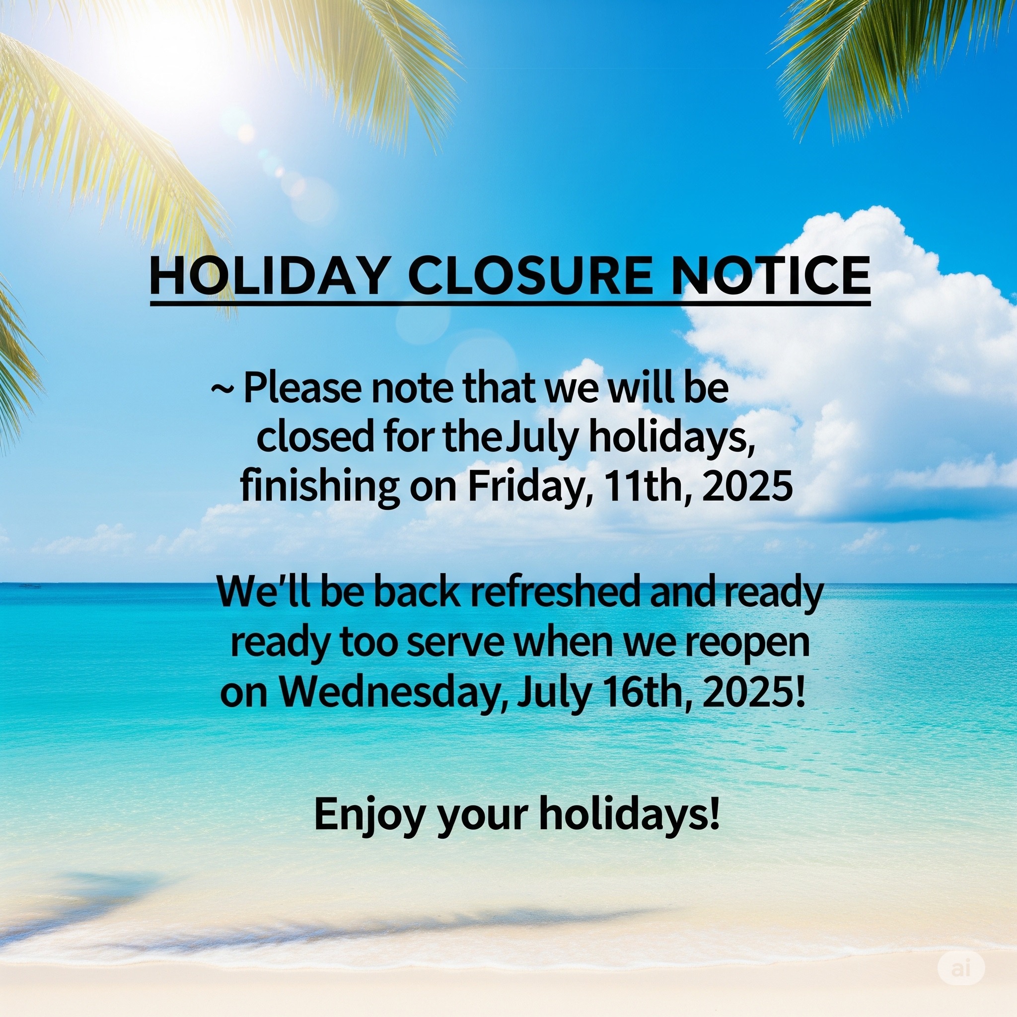 WE ARE TAKING A SHORT BREAK - JULY HOLIDAYS 2025                                                          